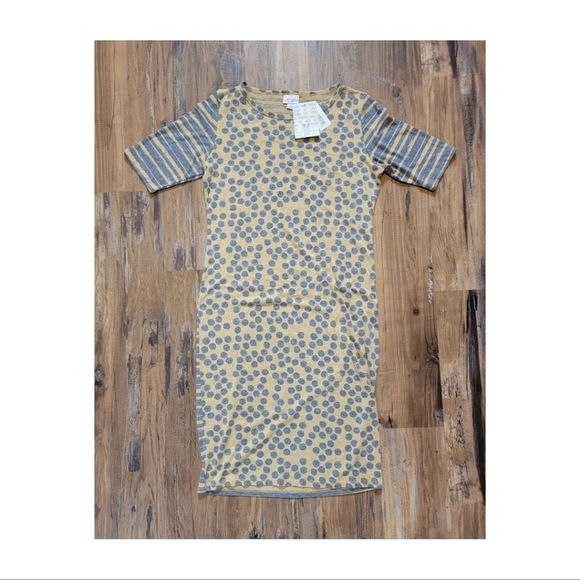 NWT Gold & Grey Polka Dot Pattern Lularoe Julia Form Fitting Midi Dress - Picture 1 of 5